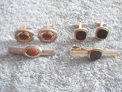 LOT OF 2 PAIR OF GOLD-TONED & GEMSTONE SIGNED CUFFLINKS &TIE BAR(AVON & HAYWARD)