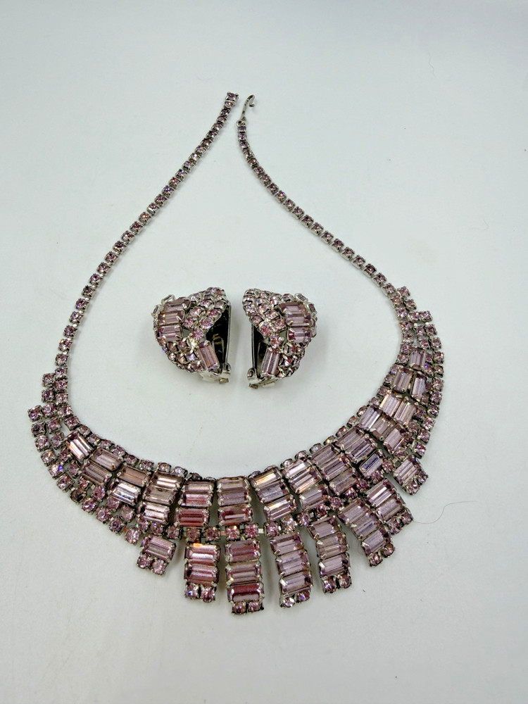 Vintage Necklace Light Purple Clip On Earrings Estate Lot Matching Baguette PJ