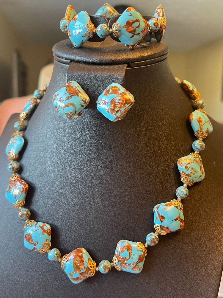 VTG Made In Italy Venetian Glass Turquoise Blue Aventurine 3-Piece Jewelry Set –