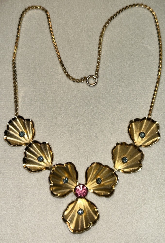 Bugbee & Niles 1950s Vintage Floral Necklace Gold Pink Blue Rhinestones 16” 17g