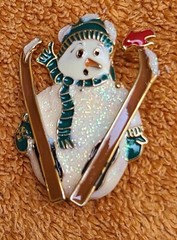 Snowman Brooch On Skis Red Bird Cardinal Pin Enameled Gold Toned Tumbling Fallin
