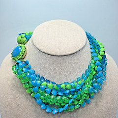 Vintage Multi Strand Hearts Necklace Acrylic Green & Blue Gold Toned Size 16”