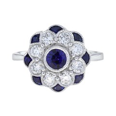 Art Deco Style Lab Created Sapphire & Diamond Anniversary 14k White Gold FN Ring