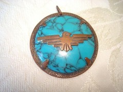 Vintage Copper by Bell Faux Turquoise Pendant With Thunderbird 1 3/4 In. KJ