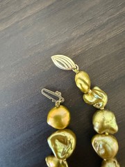 Freshwater Baroque Pearl Necklace Golden Green Knotted Strand 14K Gold Clasp 18″