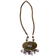 Vintage Artisan Amethyst Stone Polymer Clay Leather Statement Pendant Necklace