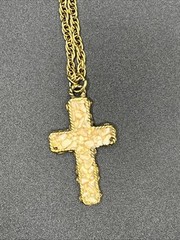Cross 2″ Natural Stone Chips/Seashell Gold Tone 24″ Chain Vintage Reversible