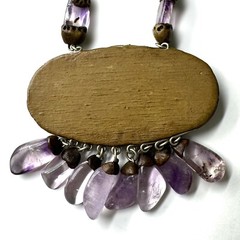 Vintage Artisan Amethyst Stone Polymer Clay Leather Statement Pendant Necklace