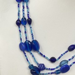 Layered Art Glass Necklace Blue Marble Opaque Transparent Bead Seed Acrylic 20″