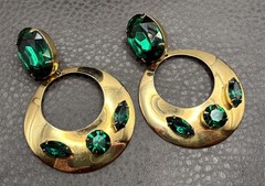 Massive Huge 80s Runway Vintage Green Crystal Dangle Hoop Statement Earrings