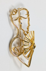 Vintage Lady Remington Woman & Fan Silhouette Gold Tone Brooch Pin 3.25″
