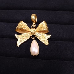 Dauplaise Gold Tone Bow Pendant with Faux Pearl Dangle (No Chain)