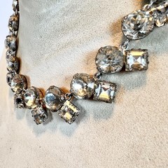 ANTIQUE Art Deco Hu Clear Crystal Paste Stones Rivière Necklace Round & Square