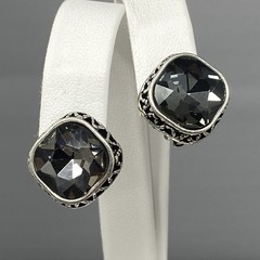 Smoky Gray Glass Rhinestone Stud Earrings Clip On Silver Tone Geometric Edge .75