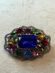 Vintage Silver-Tone Brooch Pendant Multicolor Czech Art Glass 2×1.5 Inches Blue