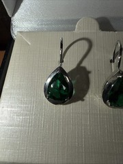 Vintage FAS 925 Sterling Silver Pear Cut Green Emerald CZ Leverback Earrings