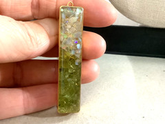 Vintage gold plated genuine Opal Peridot nuggets in resin bar pendant 0.5” x 2”