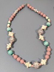 Vintage Green Cream Beaded necklace Boho Tribal Style 26 in