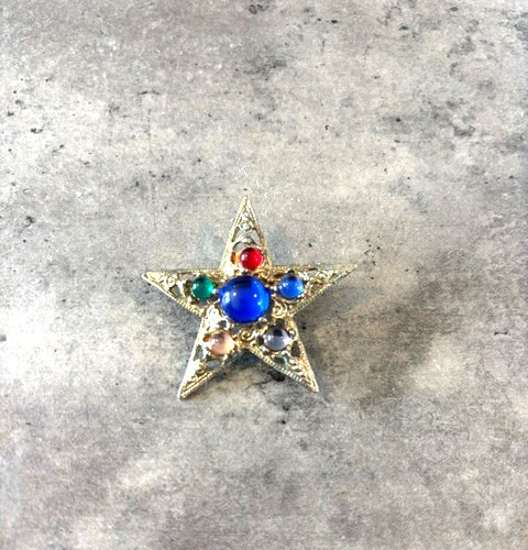 Vintage Jeweled Star Brooch with Multicolor Glass Stones Pin