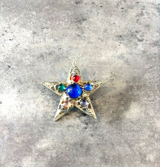 Vintage Jeweled Star Brooch with Multicolor Glass Stones Pin