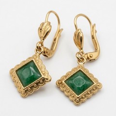 Vintage Goldtone Square Green Jade Dangle Earrings Ornate Beaded Frame Leverback