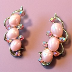 Pink Clip On Climber Earrings Signed STAR Pearl Rhinestone Vintage