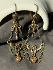 Antique Chandelier Peach Beads Earrings Alloy Metal Self Clasp Beautiful 2inch