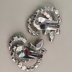 Vintage Hattie Carnegie Rhinestone Clip On Earrings Red Silver Tone Swirl 1 1/8″