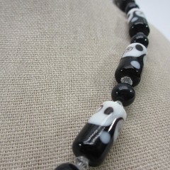 Vintage Glass Beaded Necklace Art Glass Black White 18 Inch