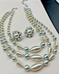 Vintage 3 Strand Pastel Blue Pearl Choker Necklace & Cluster Bead Earrings Set