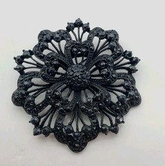 Vintage HUGE JET Black Japanned RHINESTONES Mourning BROOCH PIN FLOWER 2.5″
