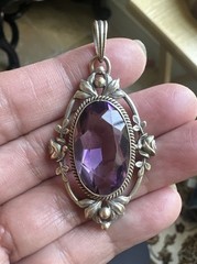 Antique Art Nouveau Pendant 2 Inch Roses Purple Faceted Mn Glass Glows Gold Fill