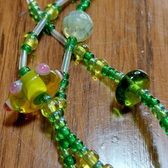 Green glass beaded necklace 3 strand lampwork beads