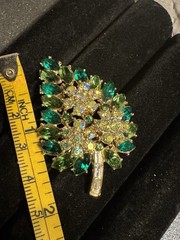 Trifari Green, White And Green AB Rhinestone Floral Leaf Brooch, Signed