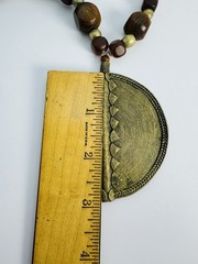 Vintage Brass Pendant Necklace Large Tribal Style Medallion Wood Metal Beads 30″