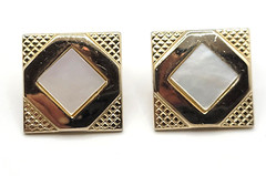 SWANK Gold Tone Square Diamond Shape MOP Abalone Center Vintage Clip On Earrings