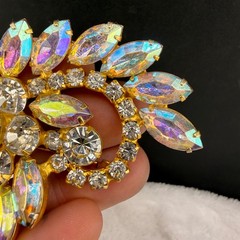 Vintage Aurora Borealis Rhinestone Brooch Gold Tone Mega Sparkle