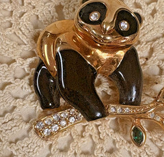 Swarovski Panda Bear Brooch Enamel Black Gold Tone Green Stone Rhinestones