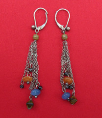 Vintage Sterling Silver Earrings Pink Blue Brown Gemstones 2.5 in Tassels 83f