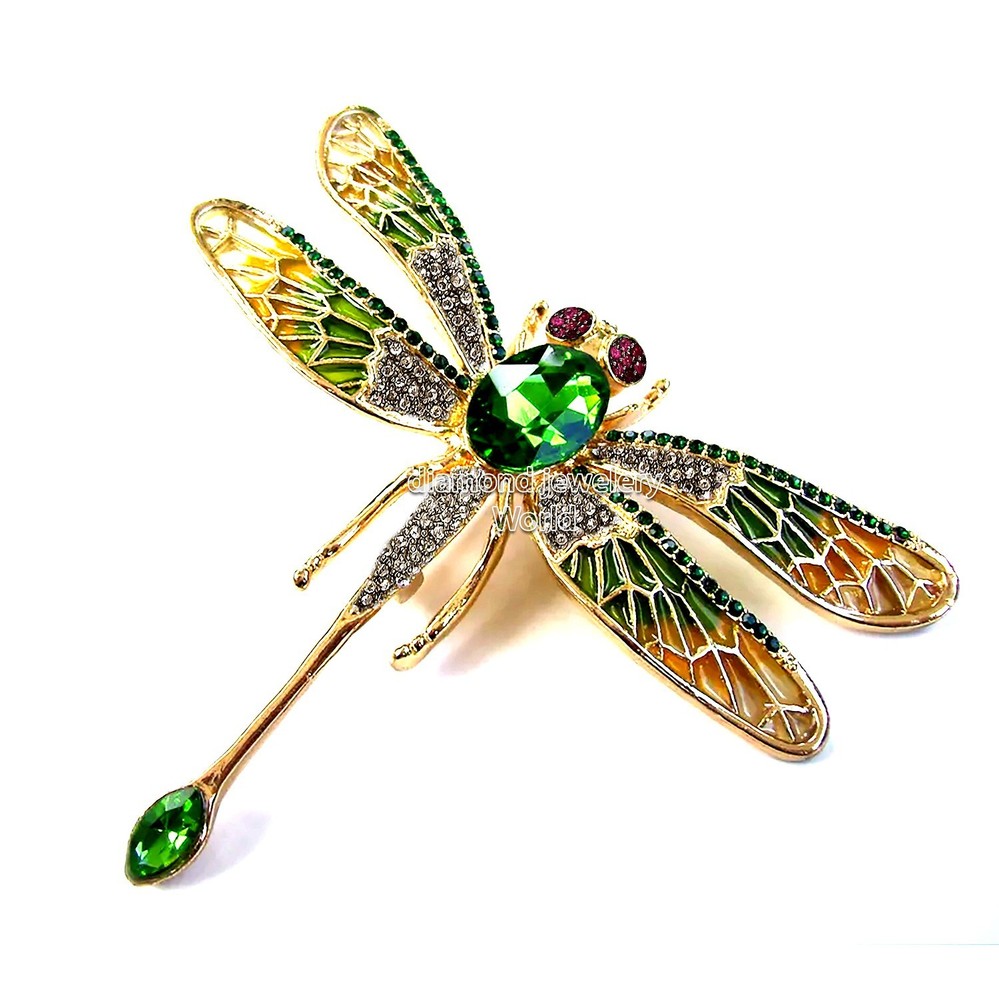 Vintage 1.91ctw Rose Cut Diamond Gemstone Enamel Silver Dragonfly Brooch Jewelry