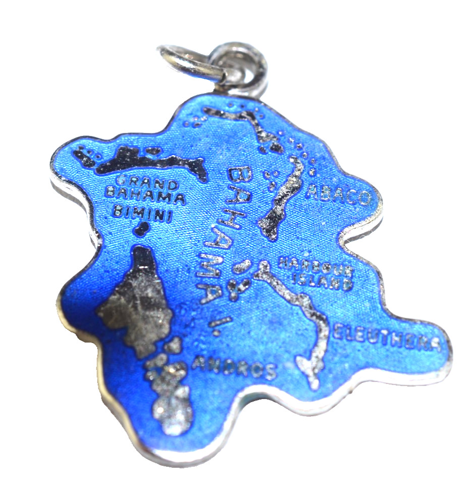 VINTAGE LEAVENS STERLING SILVER BLUE ENAMEL MAP OF BAHAMAS ISLANDS CHARM