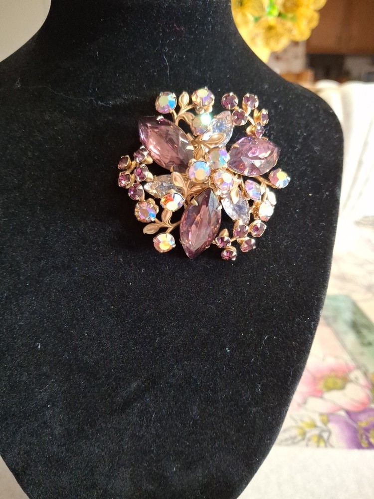 Vintage Aurora Borealis Deep Pink Lavender Purple Rhinestones & Lava Glass