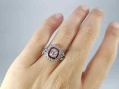 Red Ruby Baguette Cut Moissanite Halo Set Floral Inspire Edwardian Wedding Ring
