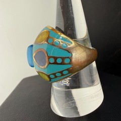 Enamel Dome Ring Blue Abstract Stainless Steel Gold Tone Size 8.75