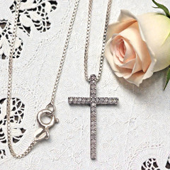 Vintage 925 Sterling Silver Cubic Zirconia Cross Pendant Necklace, 17.5″