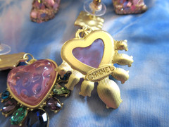 Vintage Style Gripoix PINK Heart Matte Gold Resin Heart Rhinestone Earrings NWT