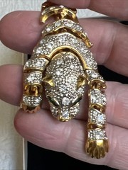 Vintage Articulated Bracelet & Broach Green Eyed Tiger 8″ w/ Rhinestones #JC9