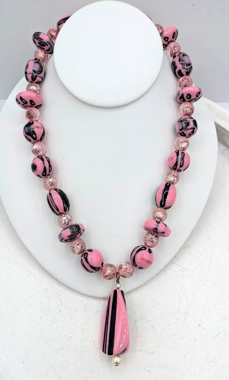 Vintage Glass Necklace Pink Black Art Glass Beaded Pendant 18 Inch