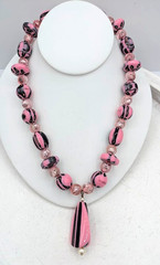 Vintage Glass Necklace Pink Black Art Glass Beaded Pendant 18 Inch