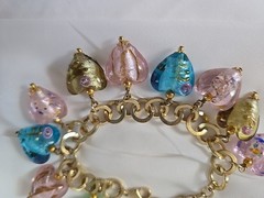 Graziano Art Glass Hearts Charm Bracelet Pink Green Blue 8-9″ Gold Plated